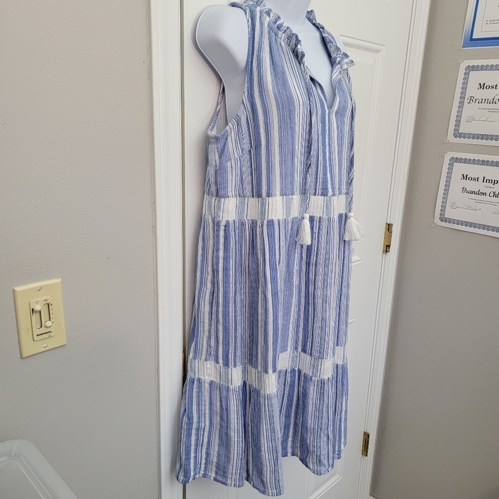 J Jill 100% Cotton Blue White Striped Sleeveless Tiered Dress With Tassels Med - Picture 4 of 12